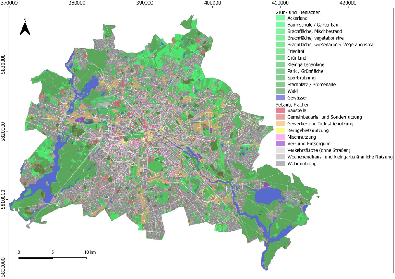 Abb. 8: Darstellung der Flächennutzung in Berlin aus MATTHÉE, H. K. (2021) in Anlehnung an Karte 06.01 Reale Nutzung der bebauten Flächen (SenStadt 2016)