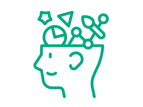Icon von einem Kopf einer Person. Im Kopf sind ein Pinsel sowie geometrische Formen zu sehen
