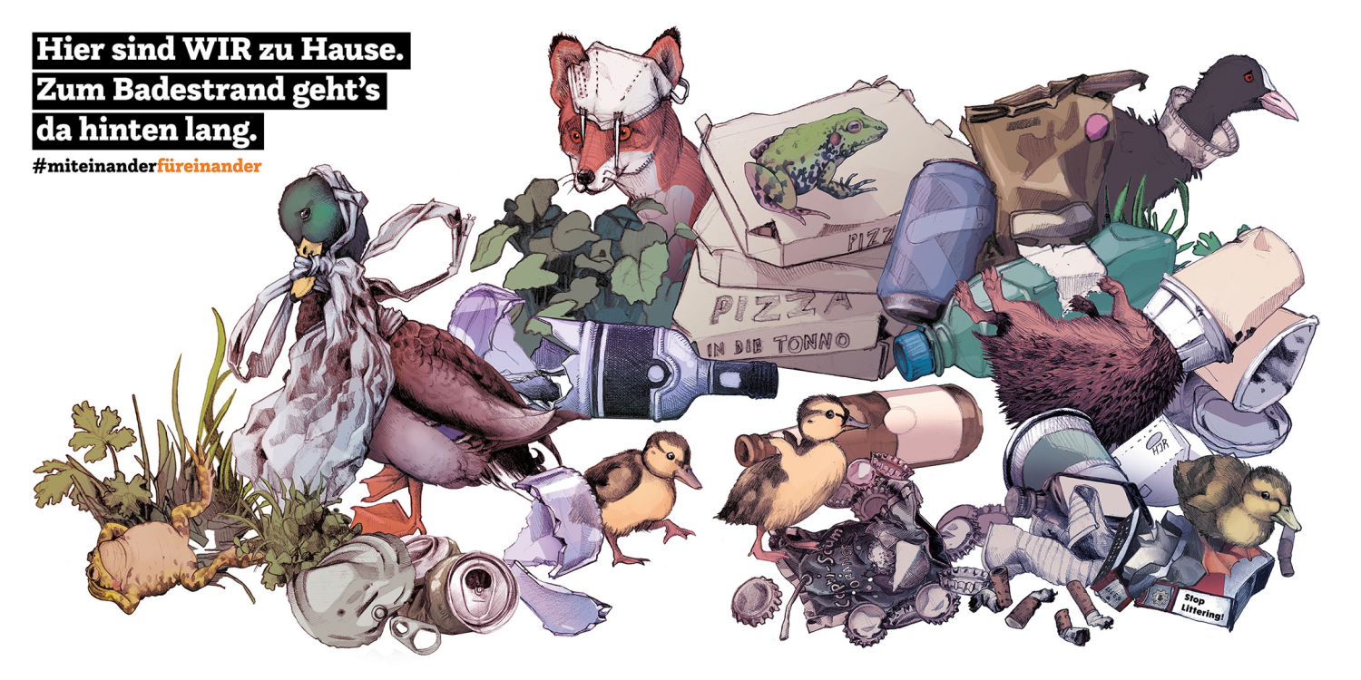 Kampagne #MiteinanderFüreinander, Illustration "Hier sind wir zu Hause. Zum Badestrand geht's da hinten lang."