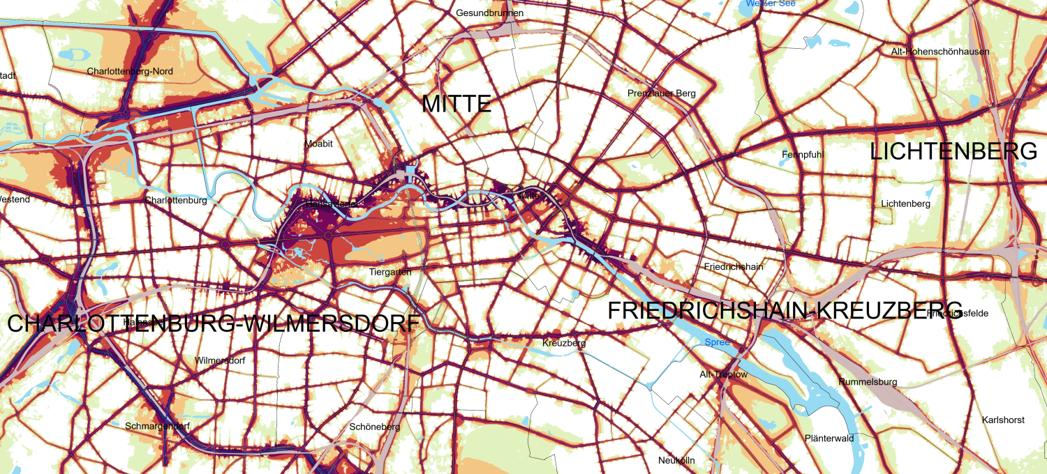 Strategische Lärmkarte L DEN (Tag-Abend-Nacht-Lärmindex) Gesamtverkehr (Straße, Schiene, Flugzeug) Jahr 2022 (Bild: SenMVKU)