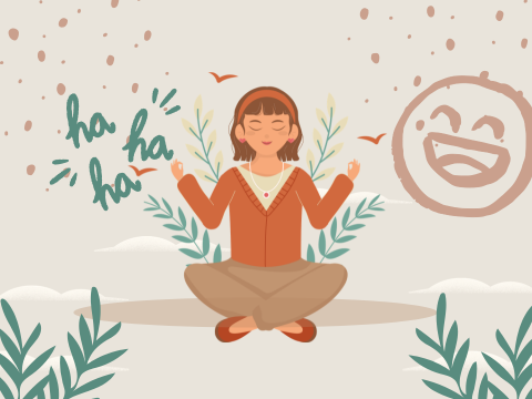 Teaserbild für das Lachyoga (Illustration: Frau in meditativer Position, lachendes Smiley daneben)