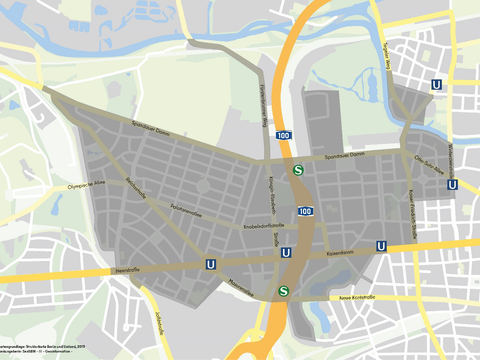 Gebiet für den Probebetrieb automatisierter Lieferdienste (grau unterlegt) (Bild: SenUMVK / Karte: Geoportal Berlin / Strukturkarte Berlin und Umland (SBU))