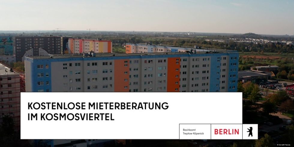 Luftaufnahme vom Kosmosviertel mit Schriftzug - Kostenlose Mieterberatung im Kosmosviertel