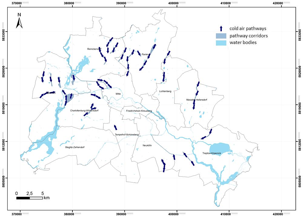 Fig. 7: Core zones of cold air pathways ("pathway corridors") in Berlin (Image: Umweltatlas Berlin)