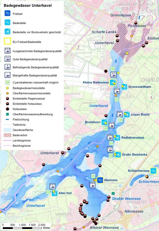 Abb. 1: Übersicht des Badegewässers Unterhavel mit EU-Badestellen, Probenahmestellen und Einleitstellen. (Hinweis: Für die Badestellen Grunewaldturm und Breitehorn enthalten die Abb.1 und 2 noch die Symbole für die EU-Einstufung aus dem vorletzten Jahr, richtig ist für den „Grunewaldturm“ das Symbol „mangelhafte“ Badegewässerqualität und für „Breitehorn“ „ausreichend“)!