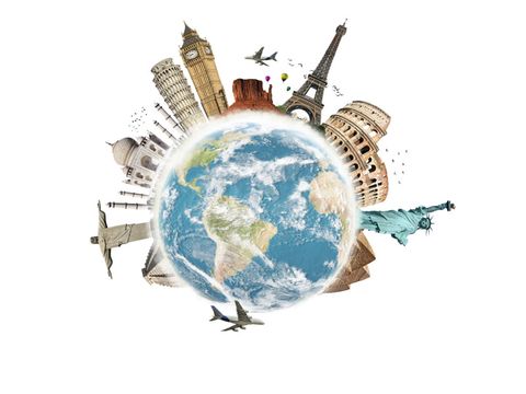 Weltkugel mit Sehenswürdigkeiten aus aller Welt