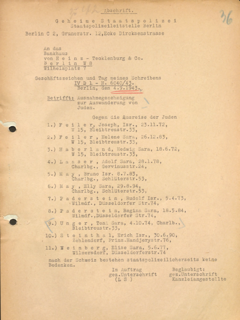 Die Ausreisegenehmigung vom 4. September 1943 war noch auf elf Personen ausgestellt. Adolf Laaser starb im Februar 1944 noch in Berlin eines natürlichen Todes.