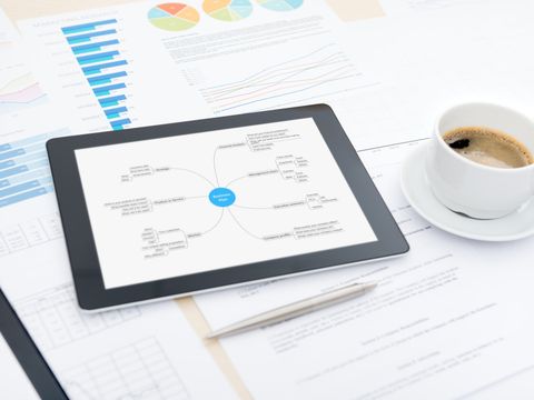 Ein Tablet, ein Kugelschreiber und eine Tasse Kaffee auf verschiedenen Unterlagen