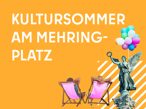 Bild des Mittendrin Gewinnerprojekts Kooperative südliche Friedrichstadt Kultursommer am Mehringplatz mit Statue, Luftballons und Liegestühlen