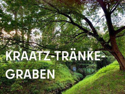 schmaler Wassergraben mit grünen Ufern, mit Baum überhangen, kleine Brücke im Hintergrund