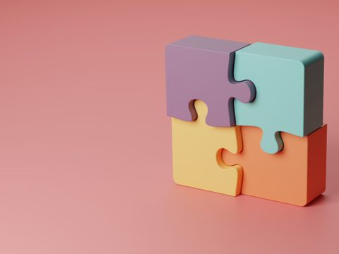 3d illustration Rotated four pieces of jigsaw puzzle or teamwork concept