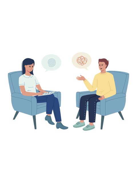 Zwei Personen sitzen an einem Tisch und beraten sich. (Psychologist doctor consultation.)