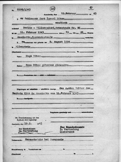 Sterbeurkunde Kurt Bütow (Bild: Familienarchiv)