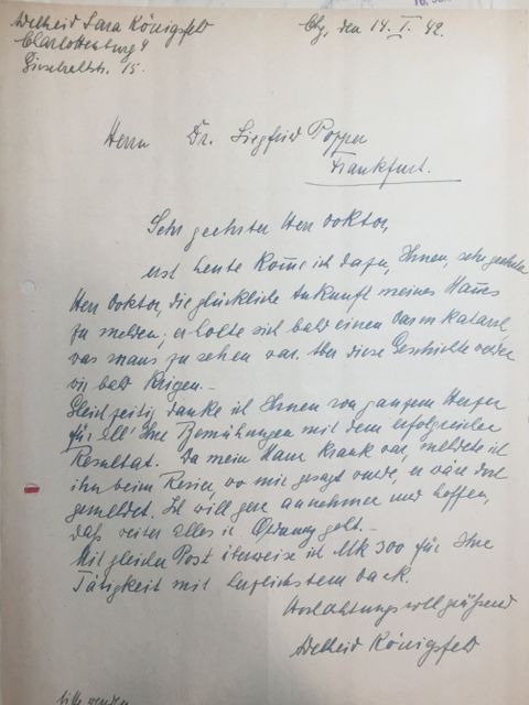 Dankesschreiben von Adelheid Königsfeld an den Konsulenten Dr. Siegfried Popper (Frankfurt) vom 14. Januar 1942 (Bild: Hessisches Hauptstaatsarchiv Wiesbaden Bestand 474/3 Akte Nr. 789 (ohne Blattzählung))