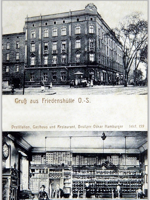 Postkarte von Oskar Hamburgers Gasthaus im ehemaligen Friedenshütte, heute Nowy Bytom (Oberschlesien)