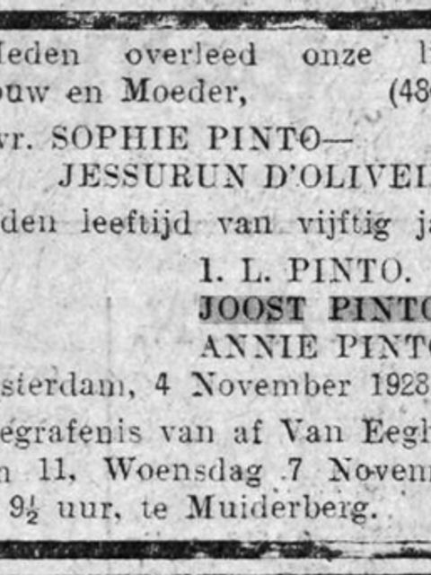 Todesanzeige Sophie Jessurun d'Oliveira (Bild: Familienaufzeichnungen, Erinnerungen, Fotos und Dokumente von Sylvie Kervella-Perlberger und Annett Rubner-Weissfeld)