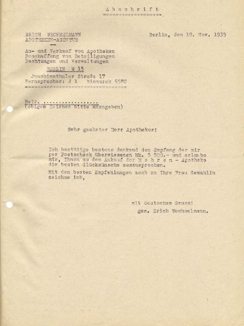 Glückwunschschreiben der Apotheken-Agentur Erich Wechselmann Berlin an den neuen Inhaber der Mohren-Apotheke am 18. November 1935 (Bild: Thüringisches Hauptstaatsarchiv Weimar)