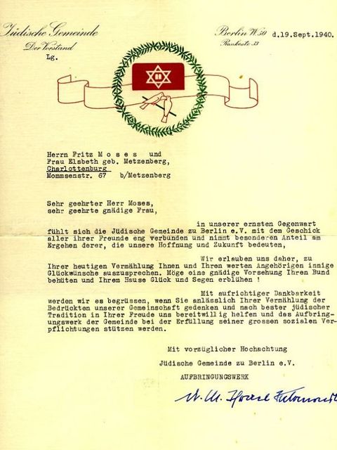 Gratulationsschreiben der jüdische Gemeinde für Fritz Moses (Bild: Sammlung der Israelitischen Kultusgemeinde Nürnberg)