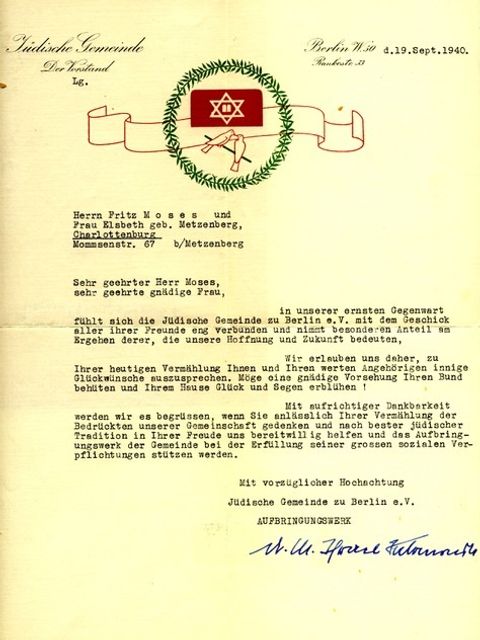 Brief der jüdischen Gemeinde zur Hochzeit von Fritz und Elsbeth Moses (Bild: Verwaltungsbericht des Vorstandes der Jüdischen Gemeinde zu Berlin für das Jahr 1937. (Signatur: IKG 10_14))