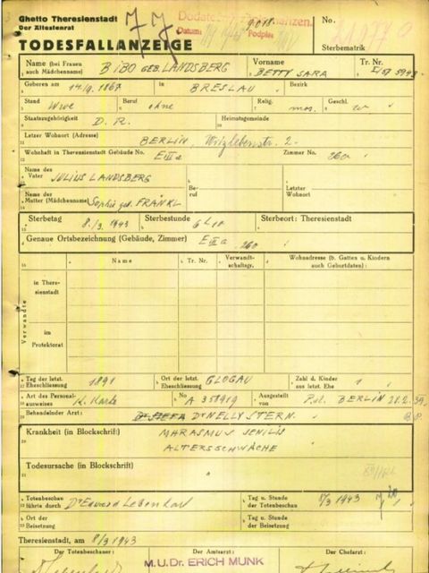 Todesfallanzeige Betty Bibo (Bild: Archiv Theresienstadt)