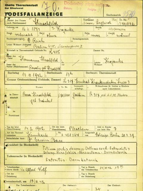 Todesfallanzeige Siegfried Hirschfeld (Bild: Digitalisierte Dokumente Theresienstadt)