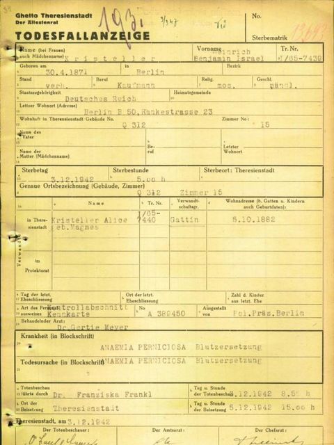 Todesfallanzeige Theresienstadt Heinrich Benjamin Kristeller