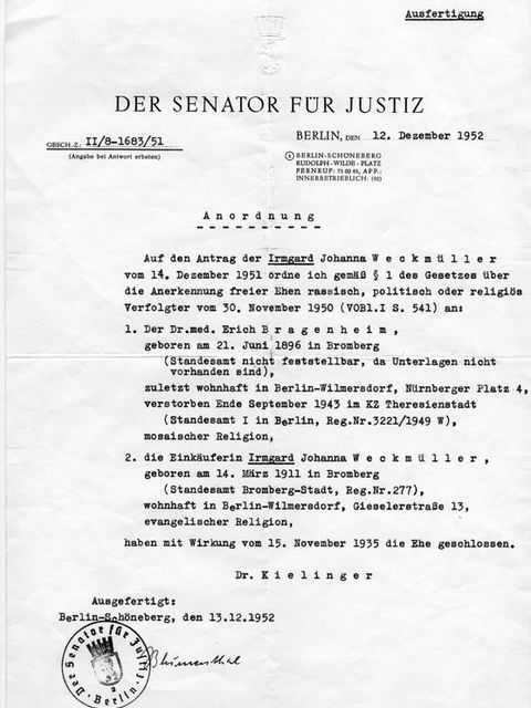Heiratsurkunde über Eheschließung Bragenheim (Bild: Irmgard Bragenheim)