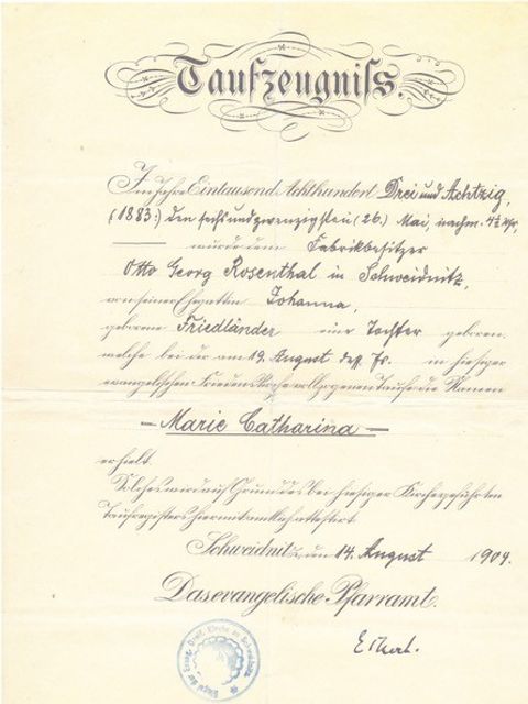 Taufzeugnis von Katharina „Käthe“ Maria Rosenthal