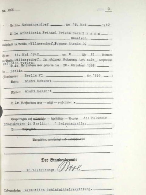 Sterbeurkunde Fritzel Brann