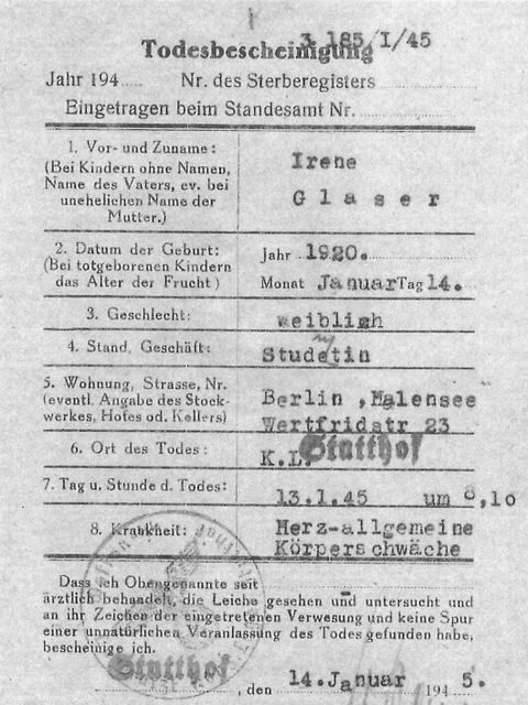 Totenschein Irene Glaser, KZ Stutthof
