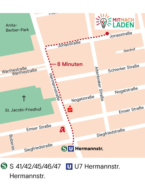 Stadtplan auf dem der Weg von der Sbahn zum Mitmach-Laden eingezeichnet ist
