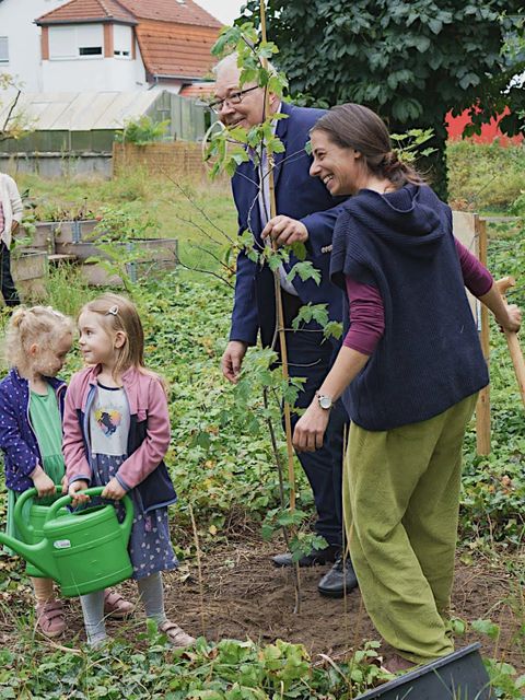 Bezirksstadtrat Harald Muschner bei der Pflanzung eines Klimabaumes (Sorbus torminalis) mit Kindern und der Leiterin der Gartenarbeitsschule Nadine Weiß (Bild: BA Reinickendorf)