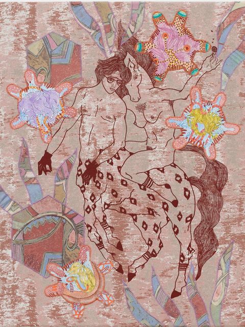 Nadira Husain: Équilove, mo mo, 2021, Siebdruck, Gouache und Acryl auf Leinwand und Stoff, 78 x 60 cm