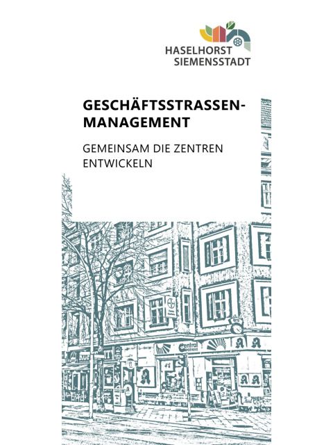 Geschäftsstraßenbild mit der Aufschrift Geschäftsstraßenmanagement - Gemeinsam die Zentren entwickeln