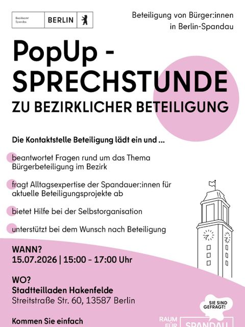 Plakat zur Pop-up-Sprechstunde des Raums für Beteiligung am 15. Juli in Hakenfelde mit einer Zeichnung des Rathausturms Spandau