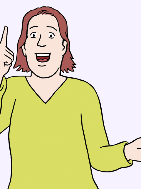Eine Person hält den Zeigefinger in die Höhe und lächelt
