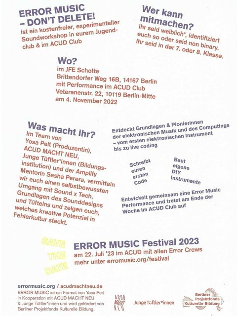 Error Music Soundworkshop für Mädchen* (31.10.-04.11.2022) (Bild: Nachbarschaftshaus Wannseebahn e.V.)
