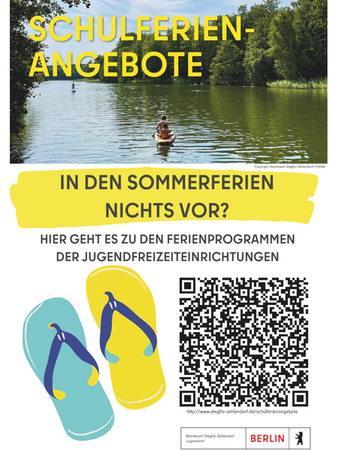 Plakat Sommerferienprogramm JFEs Steglitz-Zehlendorf 2025 mit QR-code zur Website Schulferienangebote