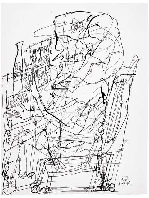 Jean Dubuffet: Personnage assis au journal / Sitzende Gestalt mit Zeitung, 1960, Tusche/Papier, 32 x 25 cm