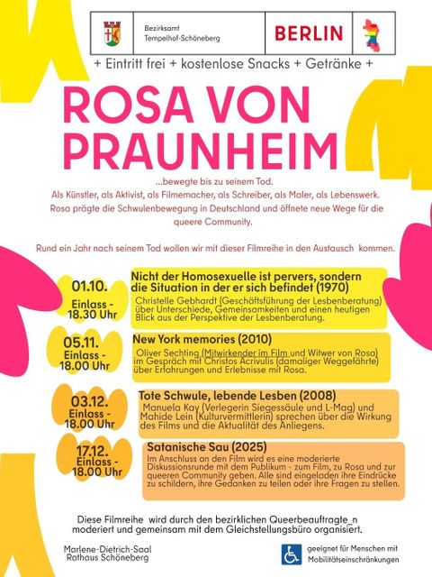 Flyer zur Veranstaltungsreihe "Tempelhof-Schöneberg gedenkt Rosa von Praunheim"