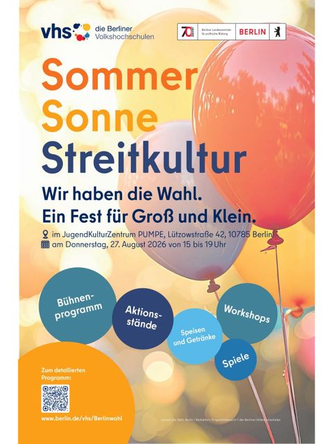 Mitmachfest „Sommer, Sonne, Streitkultur – Wir haben die Wahl“ für Groß und Klein (Bild: Servicezentrum der Berliner Volkshochschulen)