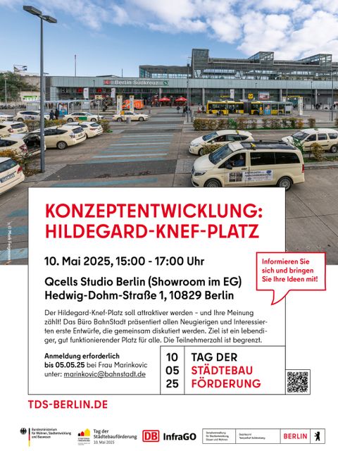 Plakat zur Beteiligungsveranstaltung am Hildegard-Knef-Platz am 10. Mai 2025.