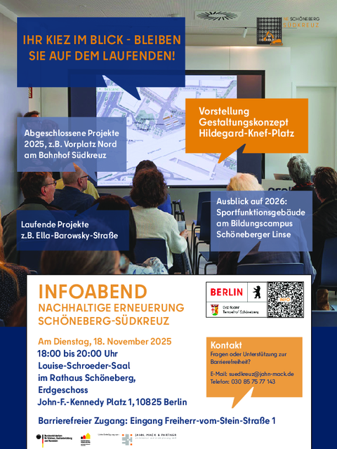 Einladungsplakat zum Infoabend „Nachhaltige Erneuerung Schöneberg-Südkreuz“ am 18. November 2025 im Rathaus Schöneberg.
