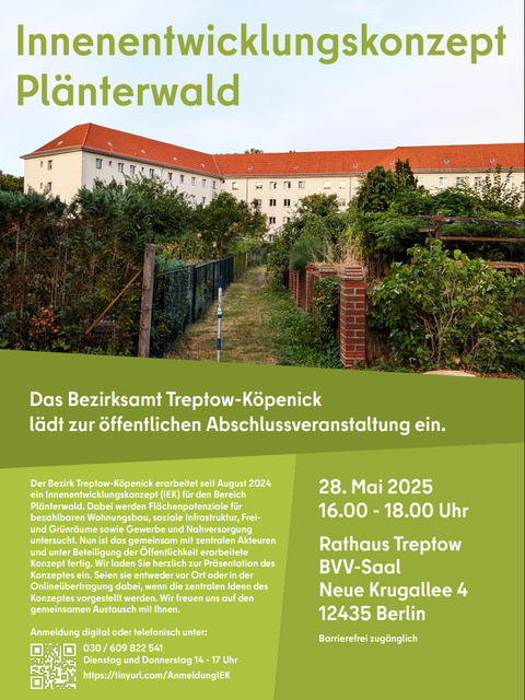 Einladungsplakat mit Text und Hintergrundbild eines Wohnhauses im Plänterwald