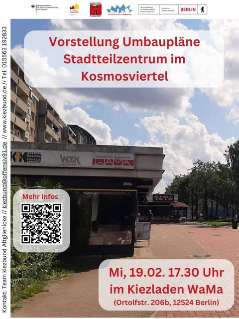 QR Code mit Infos zur Veranstaltung: Vorstellung der Umbaupläne Stadtteilzentrum im Kosmosviertel