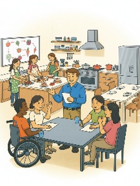 Menschen sitzen an einem Tisch. Dieser steht in einer Küche, wo man kochen lernen kann.