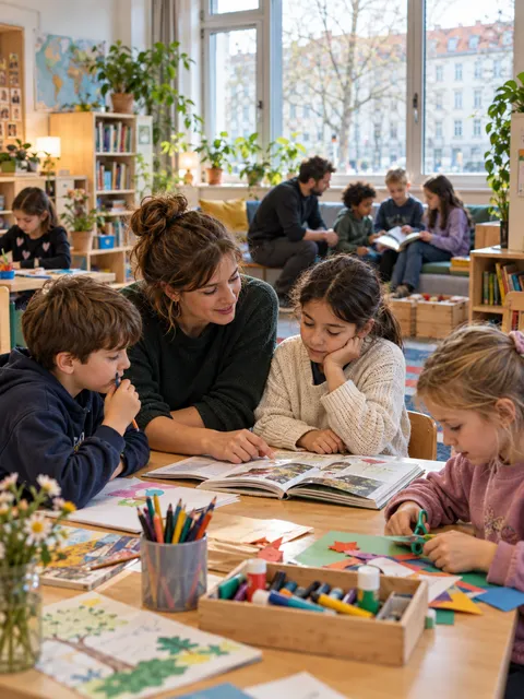 Pädagogische Fachkraft begleitet mehrere Grundschulkinder beim Lesen, Basteln und gemeinsamen Lernen in einem hellen Ganztagsraum. Im Hintergrund arbeitet eine weitere Fachkraft mit einer Kindergruppe. Die Szene vermittelt Bildung, Erziehung und Betreuung als miteinander verbundene Bestandteile des Schulalltags.