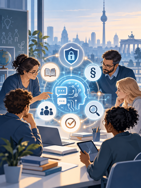 Symbolische Illustration zum KI-Einsatz an Berliner Schulen: Beschäftigte beraten gemeinsam, umgeben von Symbolen für Datenschutz, Recht, Prüfung, Bildung und Zusammenarbeit; im Hintergrund ist die Berliner Skyline zu sehen.