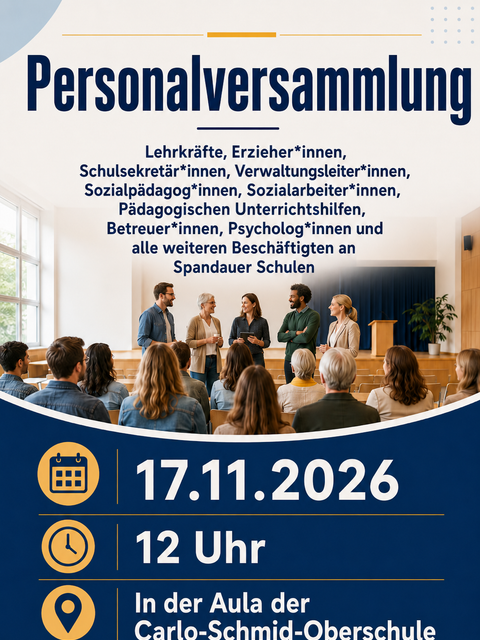 Vorankündigung der Personalversammlung der Spandauer Schulen für den 17.11.2026 um 12 Uhr in der Aula der Carlo-Schmid-Oberschule (Bild: Arne Schaller, Symbolbild, KI-generiert)