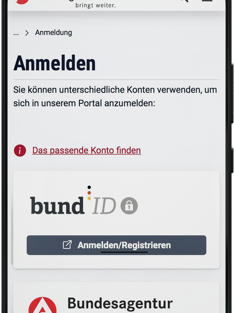 Foto eines Handybildschirms mit der Anmeldeseite für die Bund-ID der Agentur für Arbeit